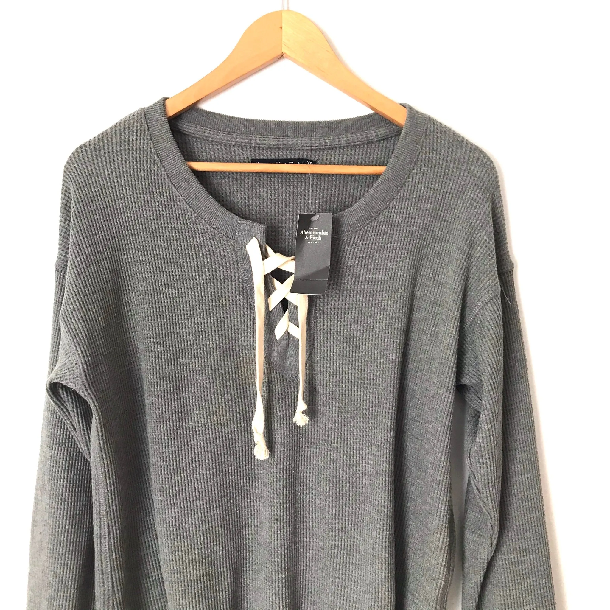 Abercrombie & Fitch Grey Lace Up Neck Long Sleeve Top NWT- Size XS