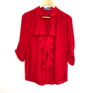 Alice   Olivia Red Silk Ruffle Button Up Blouse- Size XS