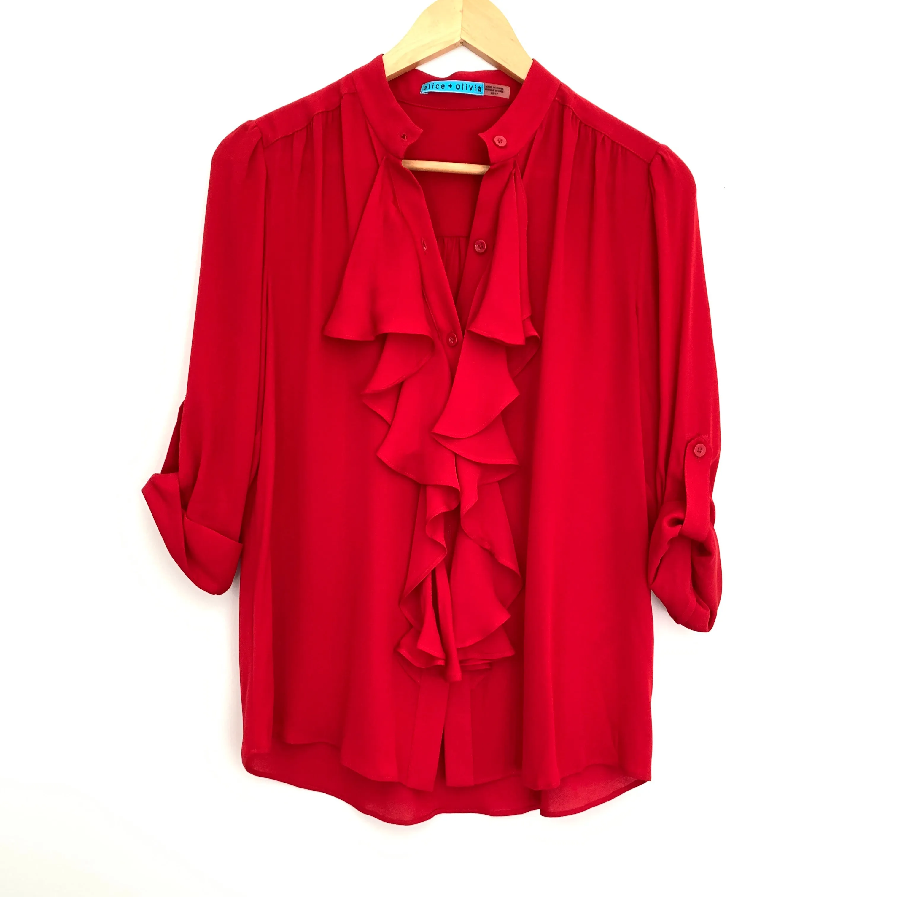 Alice   Olivia Red Silk Ruffle Button Up Blouse- Size XS