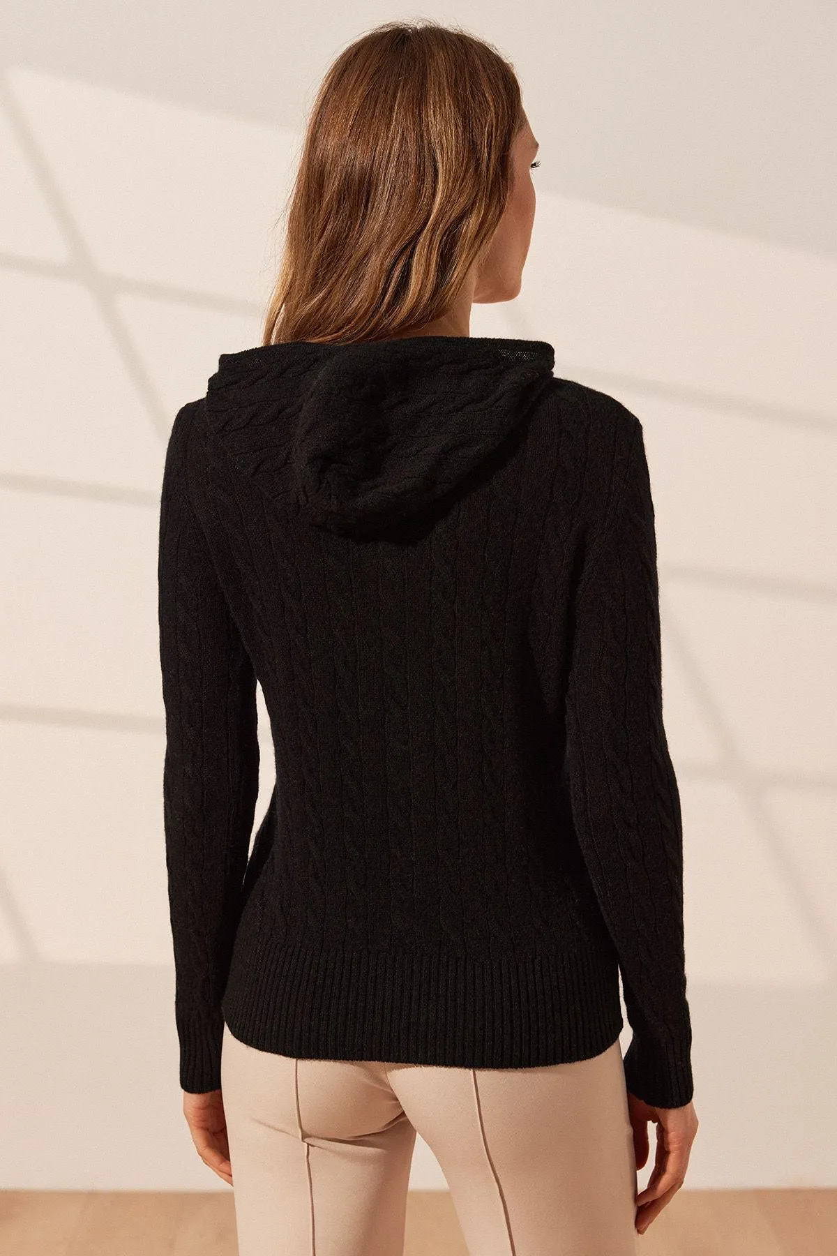 Black Cashmere and Wool Amelia Women's Hooded Cardigan