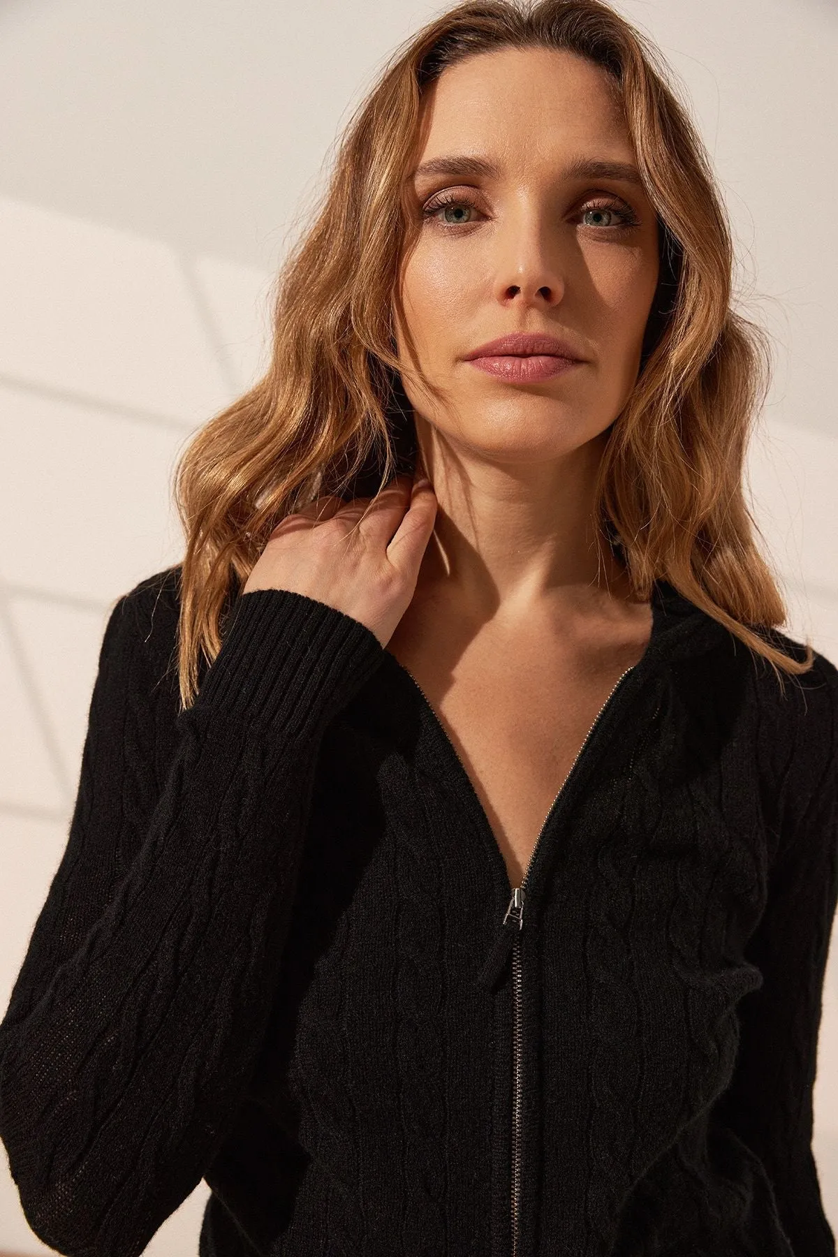 Black Cashmere and Wool Amelia Women's Hooded Cardigan
