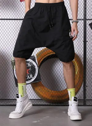 Black Plain Print Pocket Stretch Rope Casual Shorts