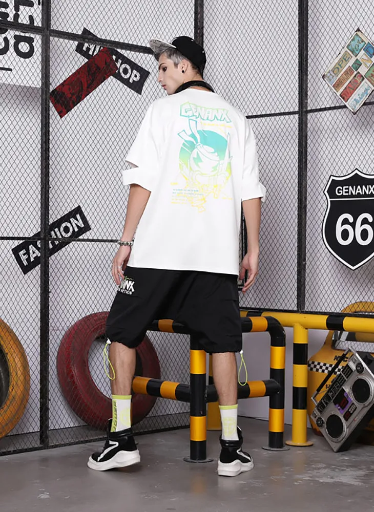 Black Plain Print Pocket Stretch Rope Casual Shorts