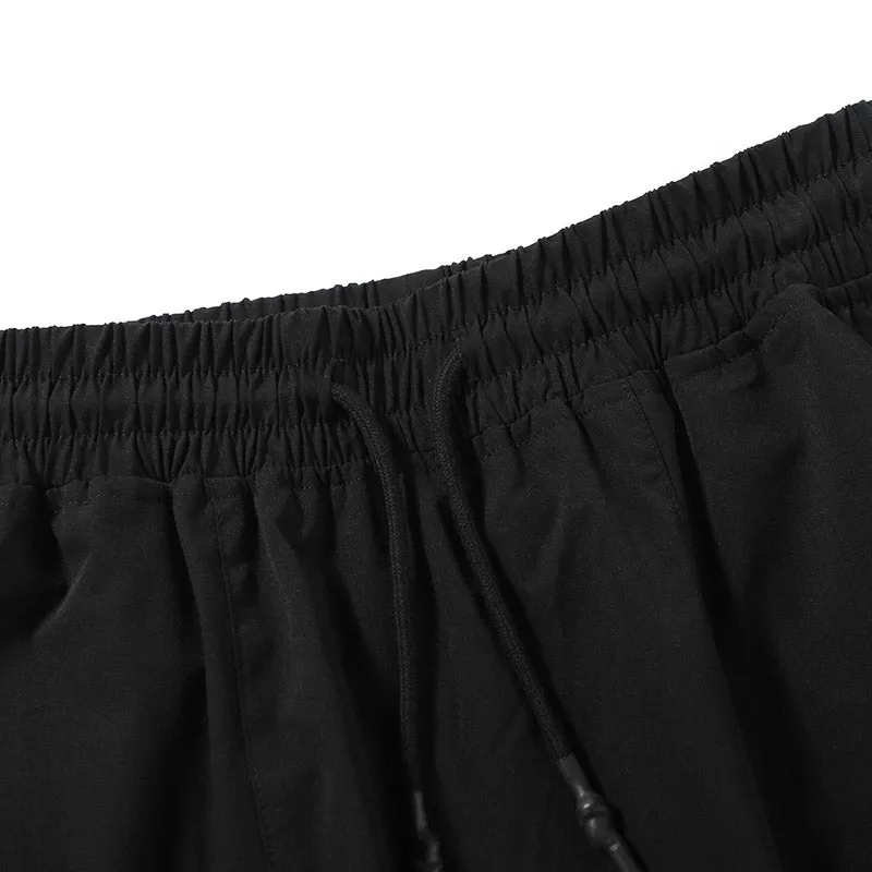 Black Plain Print Pocket Stretch Rope Casual Shorts