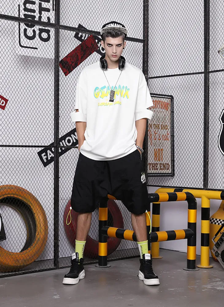 Black Plain Print Pocket Stretch Rope Casual Shorts
