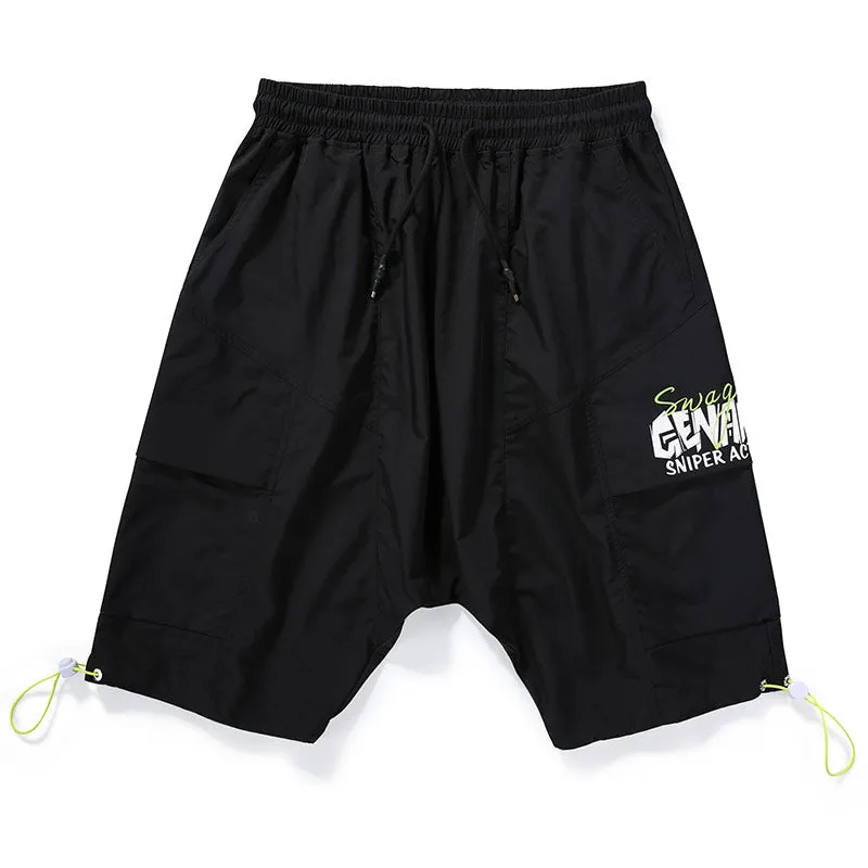 Black Plain Print Pocket Stretch Rope Casual Shorts