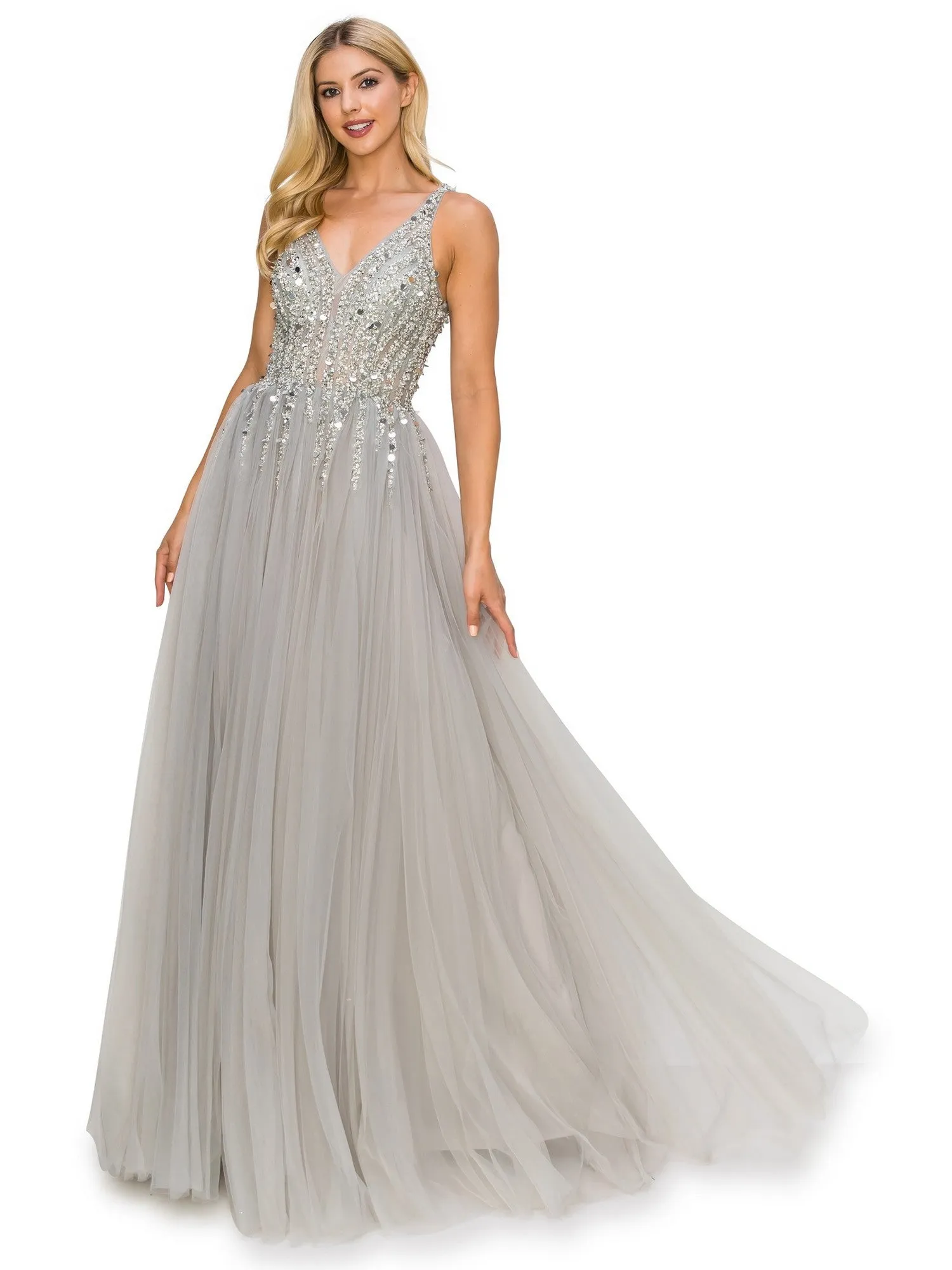 Bliss Sequin Lace Applique Sleeveless Tulle Long Dress for Women, Sizes XS-3XL