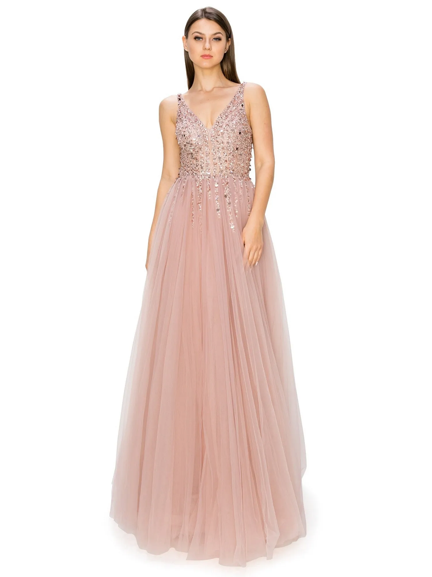 Bliss Sequin Lace Applique Sleeveless Tulle Long Dress for Women, Sizes XS-3XL