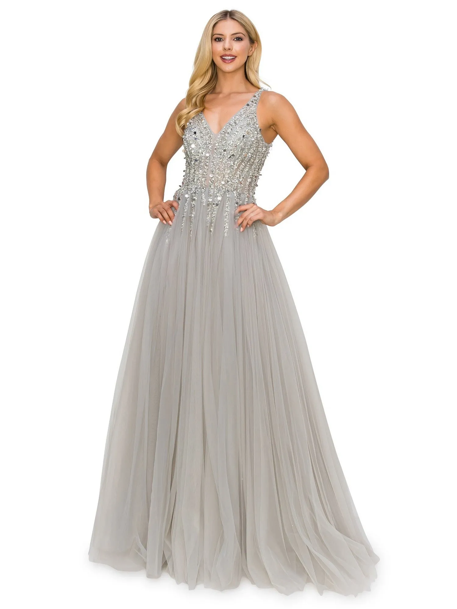 Bliss Sequin Lace Applique Sleeveless Tulle Long Dress for Women, Sizes XS-3XL