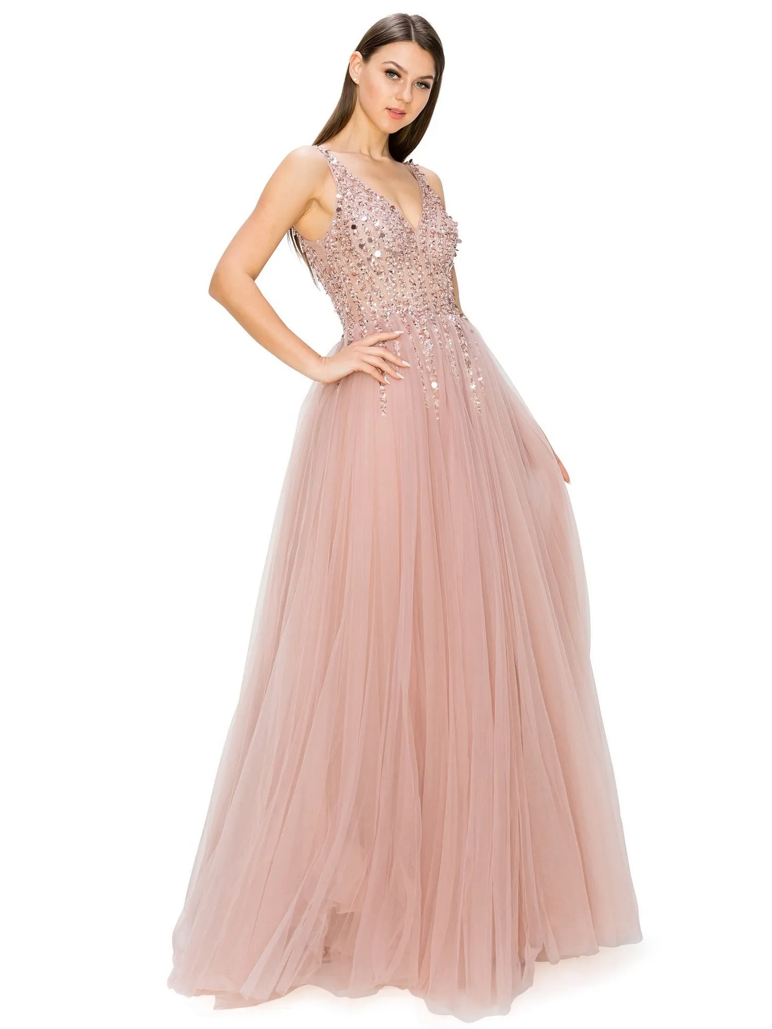 Bliss Sequin Lace Applique Sleeveless Tulle Long Dress for Women, Sizes XS-3XL
