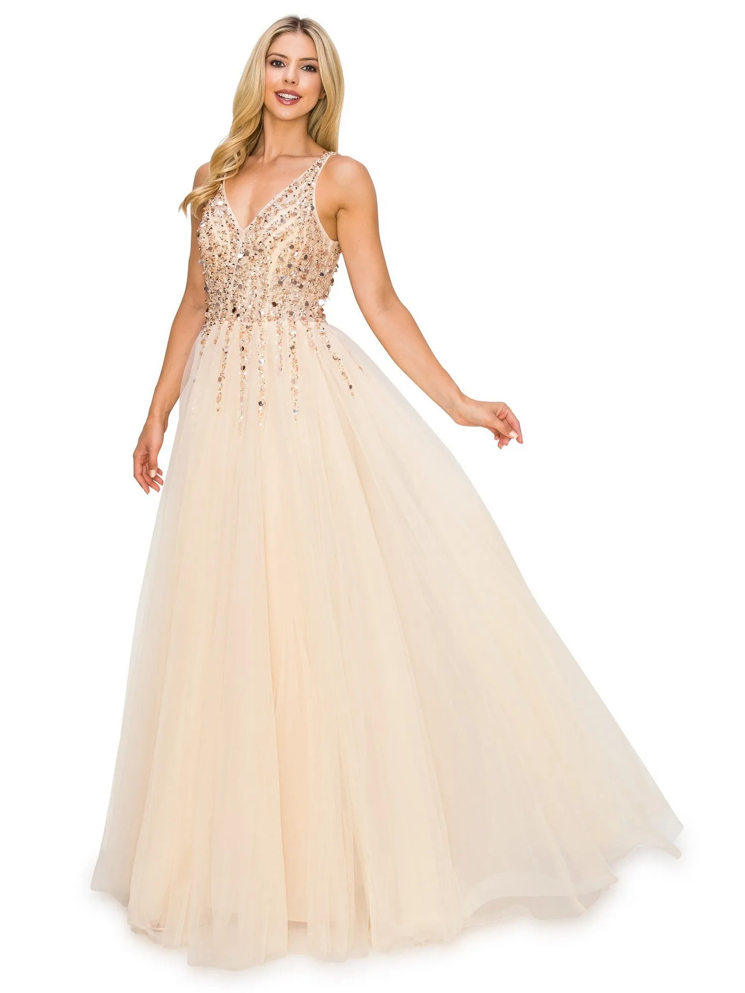 Bliss Sequin Lace Applique Sleeveless Tulle Long Dress for Women, Sizes XS-3XL
