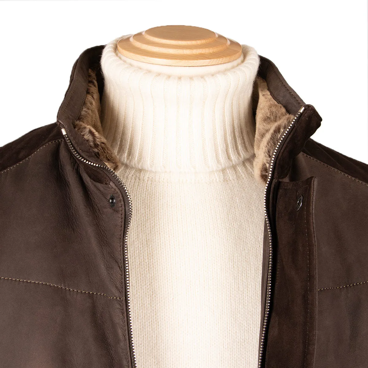 Brown Panelled Leather Hip-Length Coat
