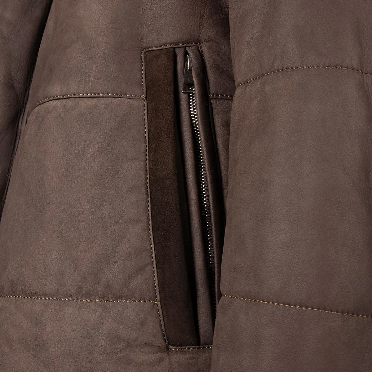 Brown Panelled Leather Hip-Length Coat