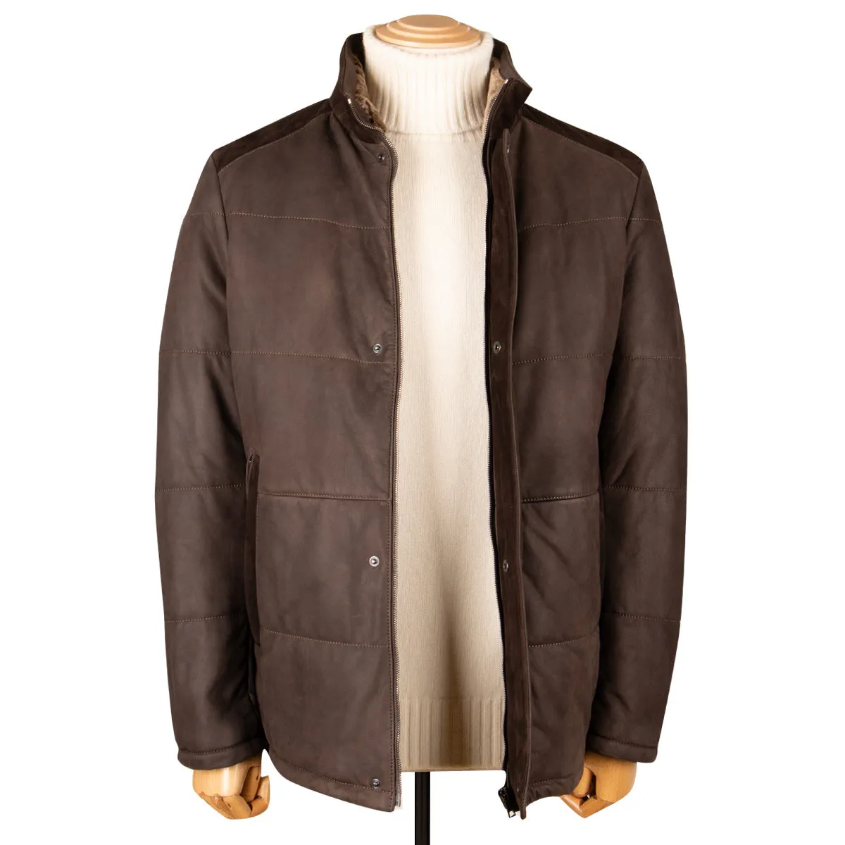 Brown Panelled Leather Hip-Length Coat