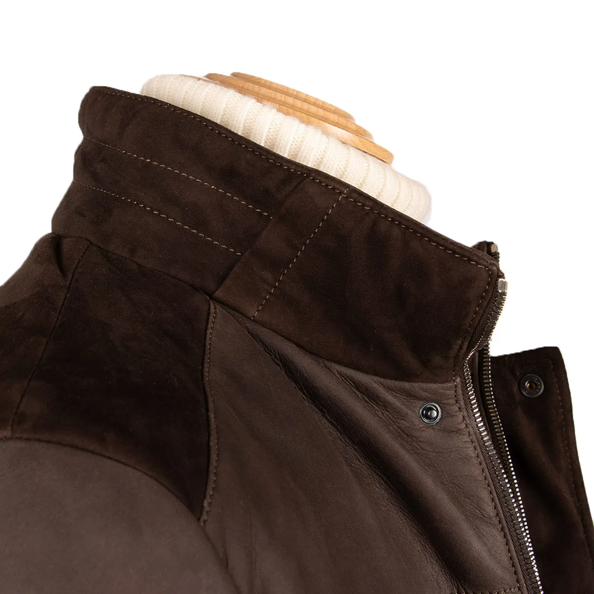 Brown Panelled Leather Hip-Length Coat