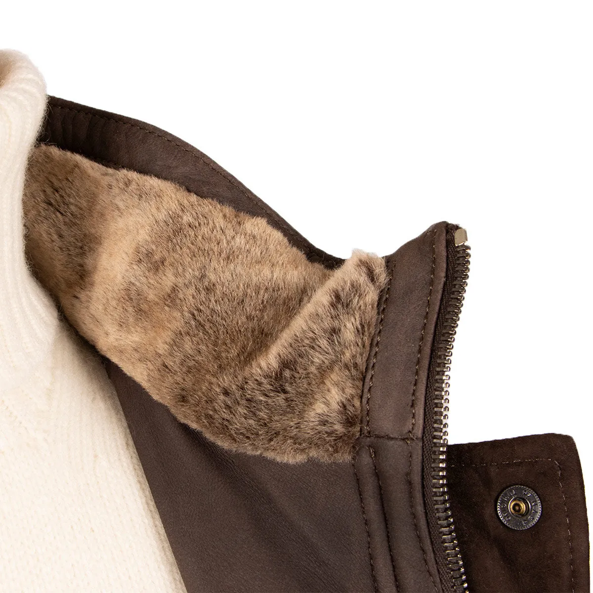 Brown Panelled Leather Hip-Length Coat