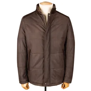 Brown Panelled Leather Hip-Length Coat