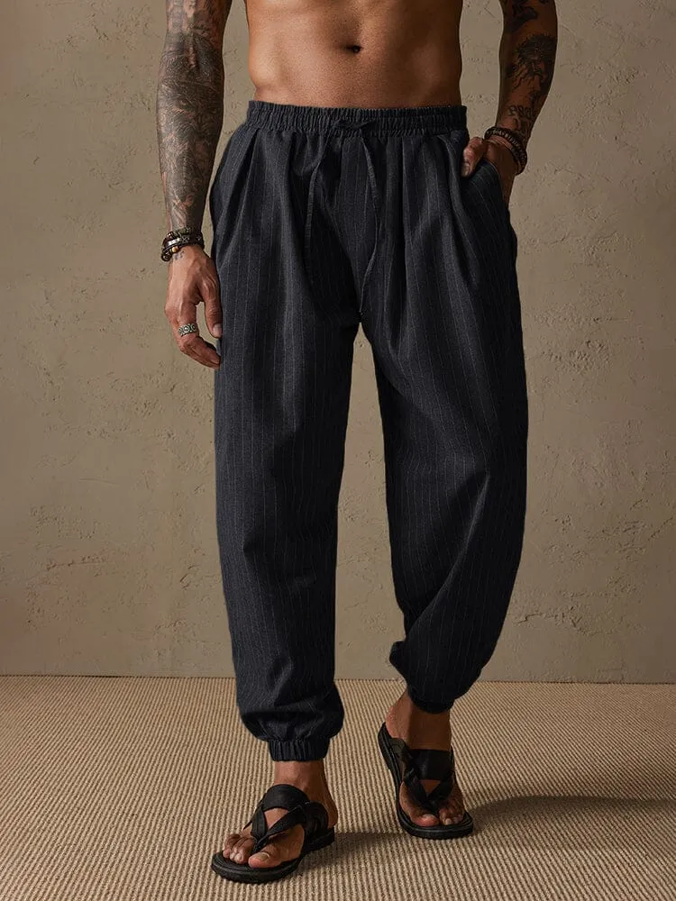 Casual Stripe Beam Feet Cotton Linen Pants