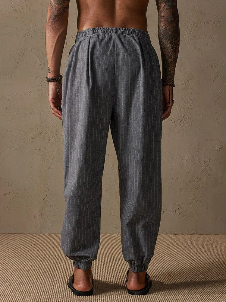 Casual Stripe Beam Feet Cotton Linen Pants