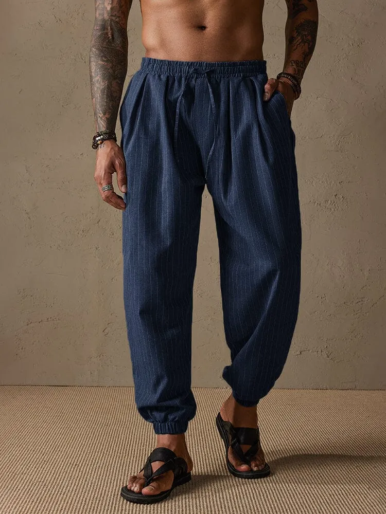 Casual Stripe Beam Feet Cotton Linen Pants