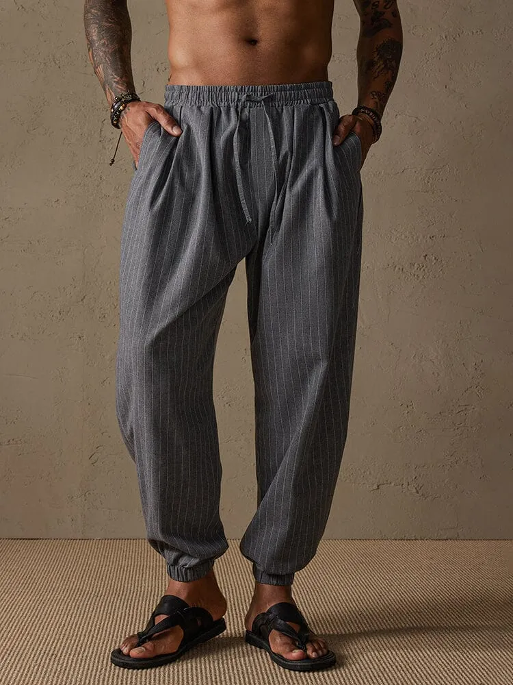 Casual Stripe Beam Feet Cotton Linen Pants