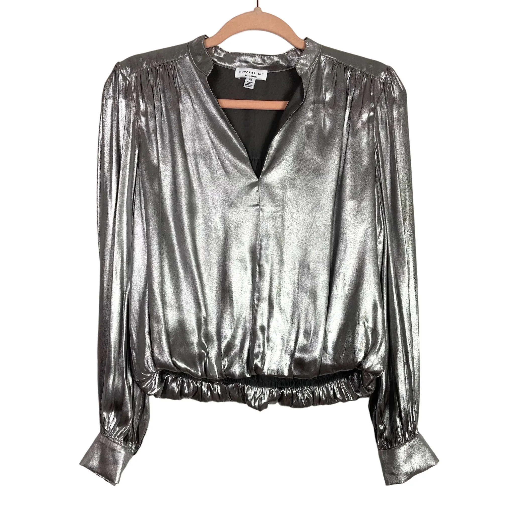 Current Air Los Angeles Metallic Silver Elastic Waist Blouse- Size XS