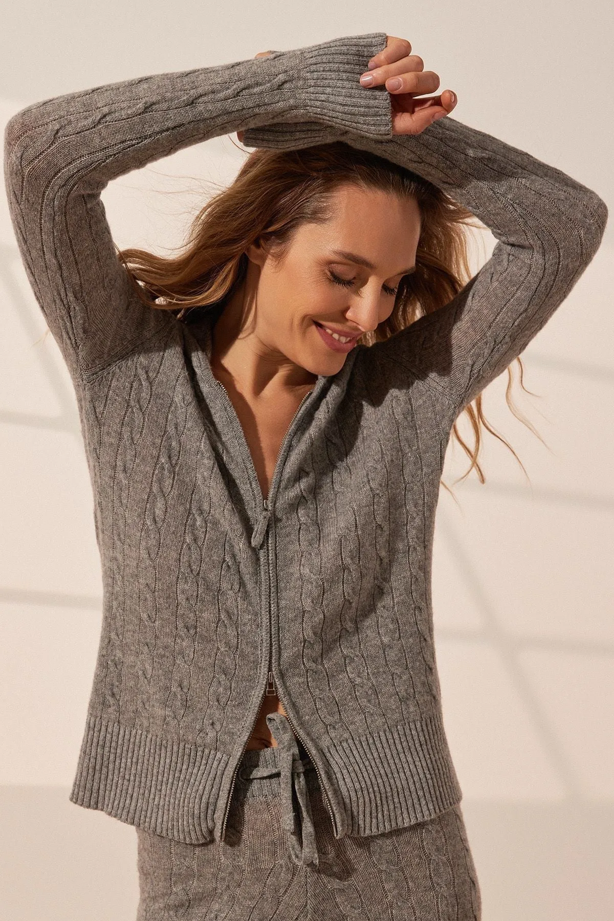 Gray Cashmere and Wool Amelia Women's Hooded Cardigan
