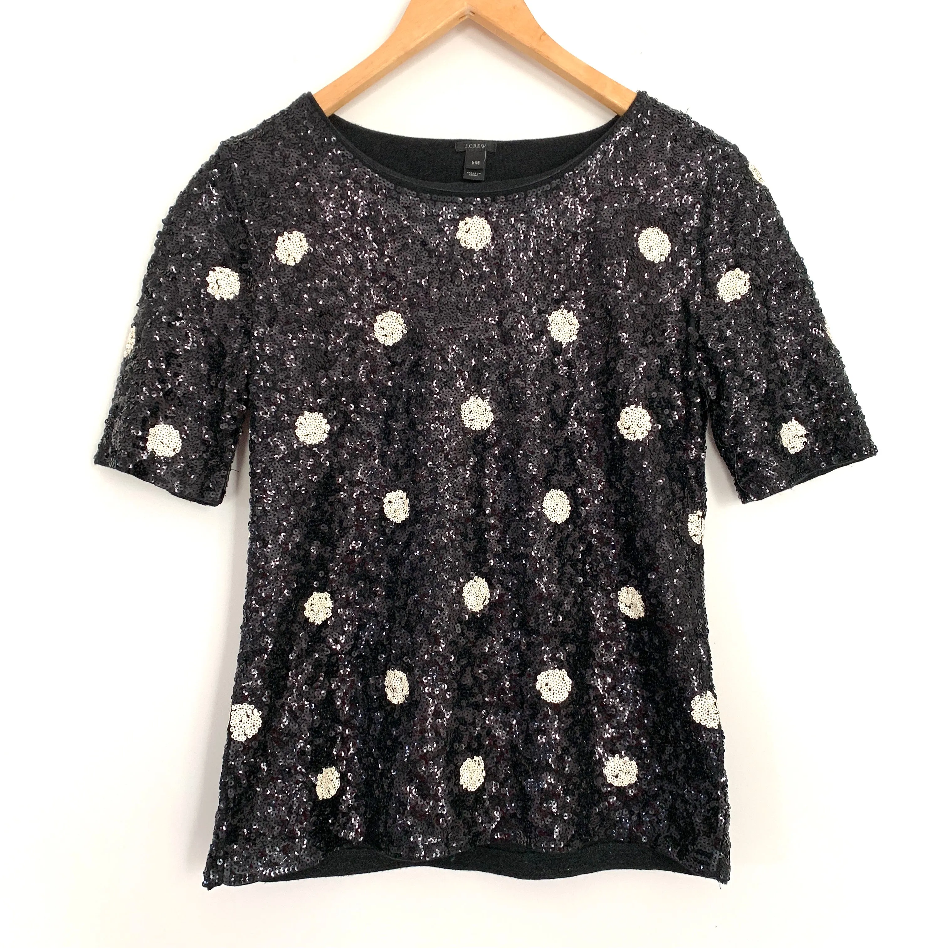 J.Crew Black Sequin Blouse with White Polka Dots- Size XXS