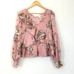 Leith Pink Satin Floral Ruffle Blouse- Size XS