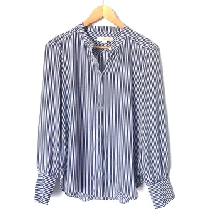 LOFT Navy Blue Striped Button Up Hidden Button Blouse- Size XS