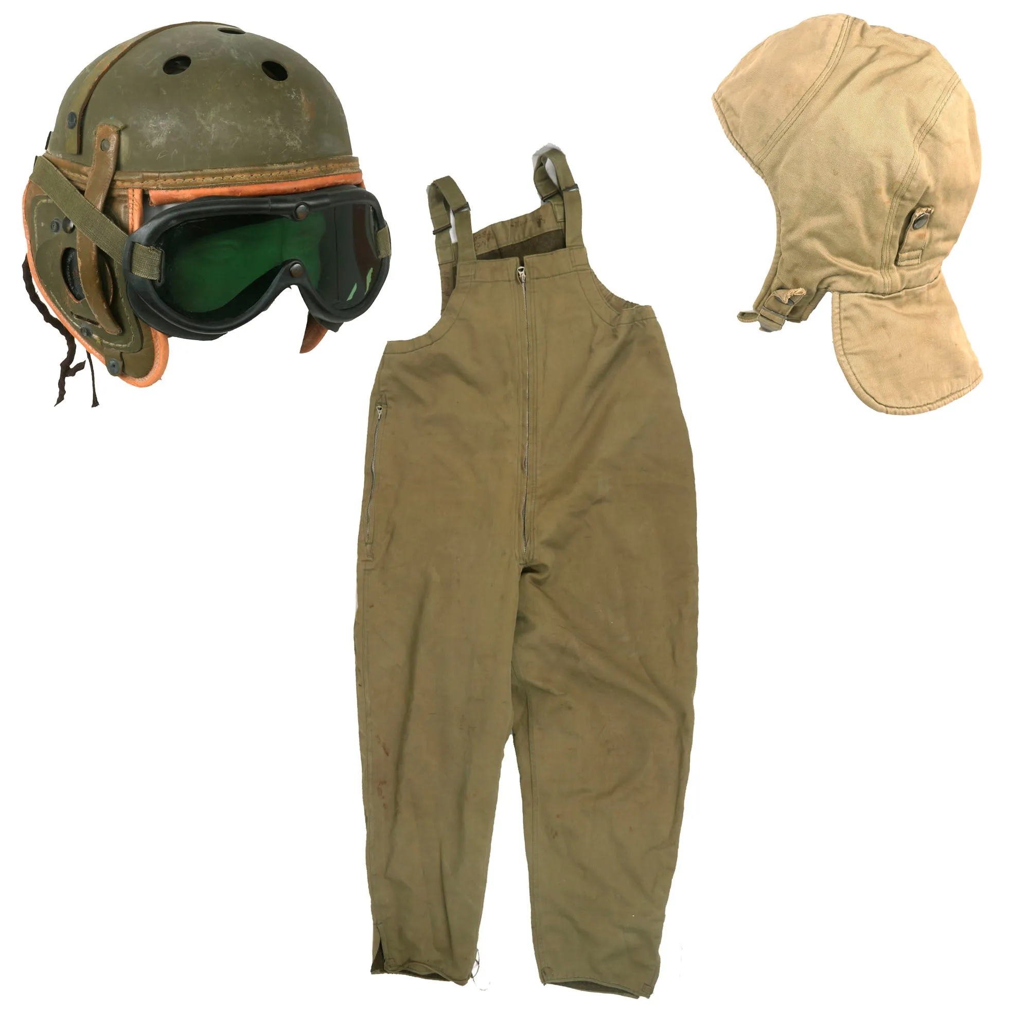 Original U.S. WWII Tanker Set - M38 Helmet & Goggles with Coveralls & Matching Hat