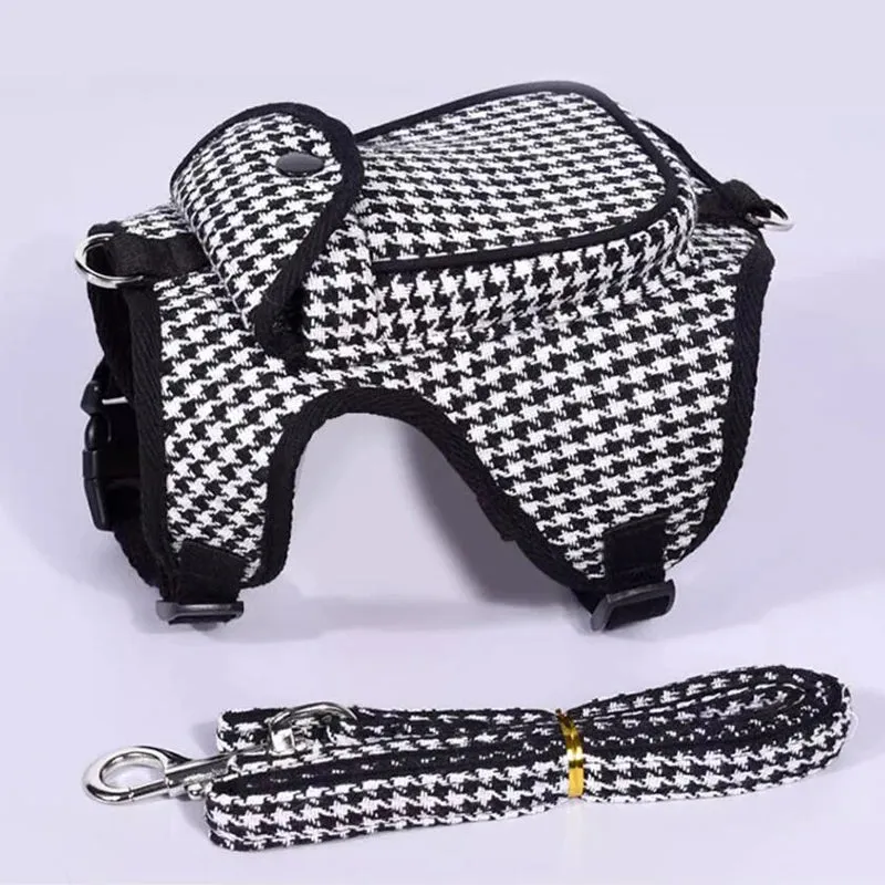 Pet Houndstooth Harness With Snack Pocket   Leash Set