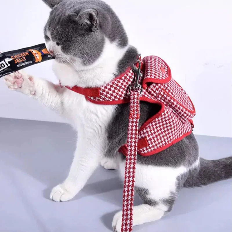 Pet Houndstooth Harness With Snack Pocket   Leash Set