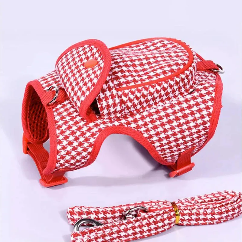 Pet Houndstooth Harness With Snack Pocket   Leash Set