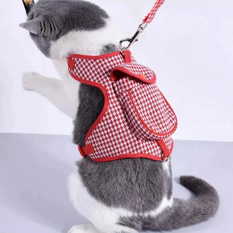 Pet Houndstooth Harness With Snack Pocket   Leash Set