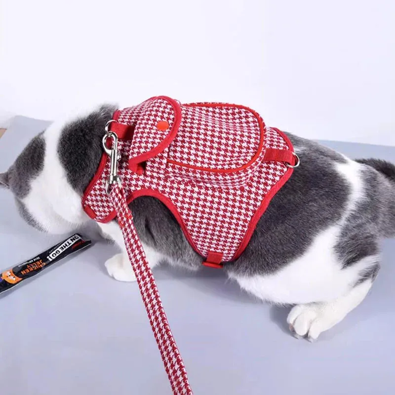 Pet Houndstooth Harness With Snack Pocket   Leash Set