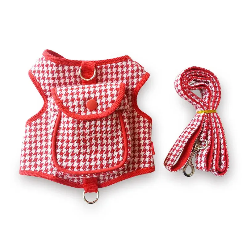 Pet Houndstooth Harness With Snack Pocket   Leash Set