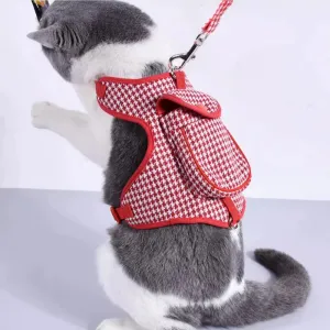 Pet Houndstooth Harness With Snack Pocket   Leash Set
