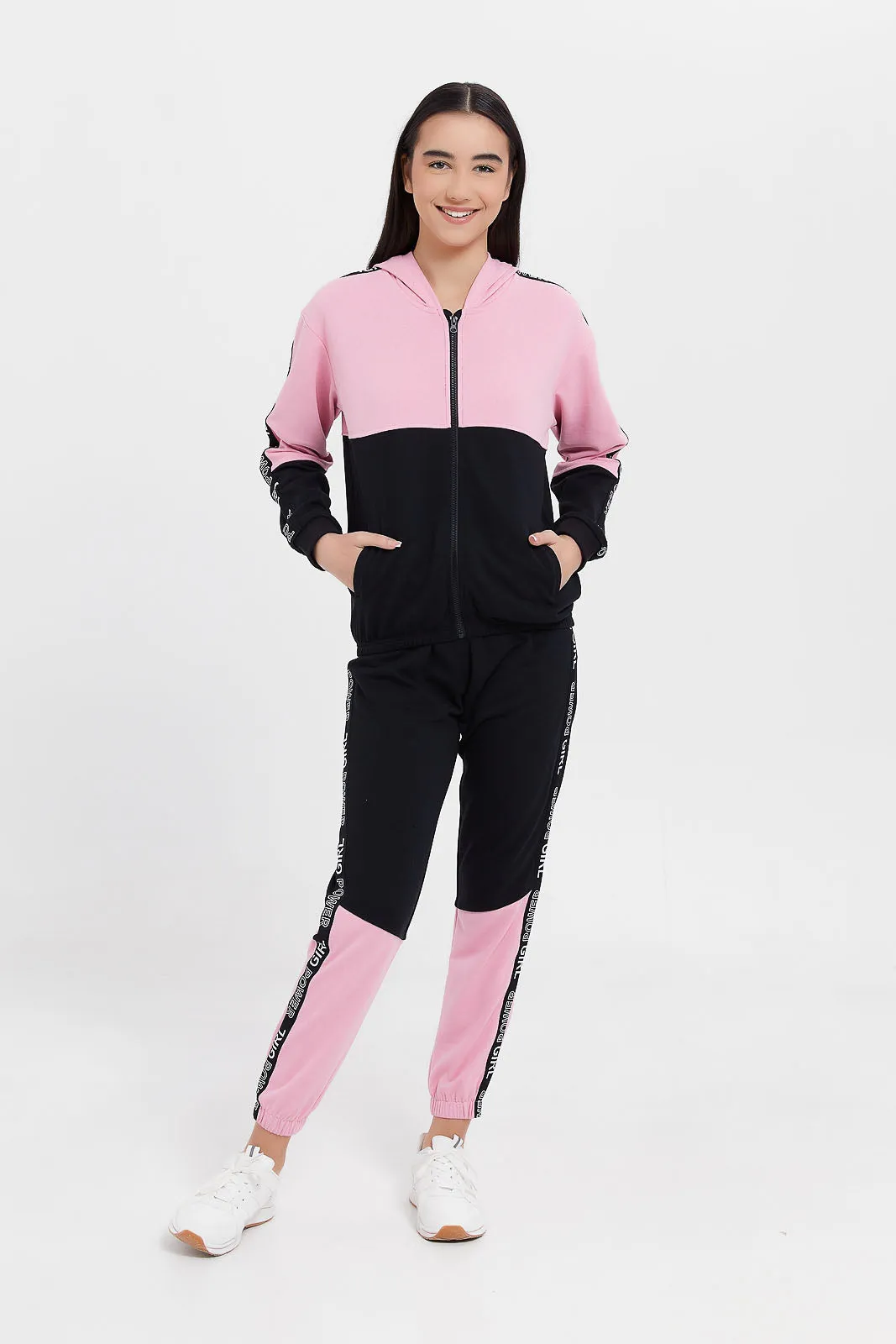 Senior Girls Black And Pink Colour Blocking Pants