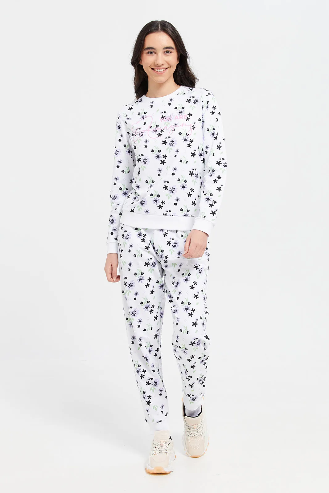 Senior Girls White Allover Print Track Pants