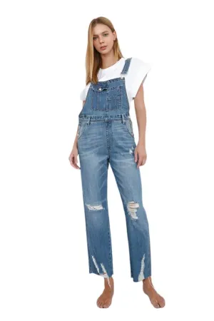 TEEK - High Waist Ripped Straight Denim Overall Jumpsuit
