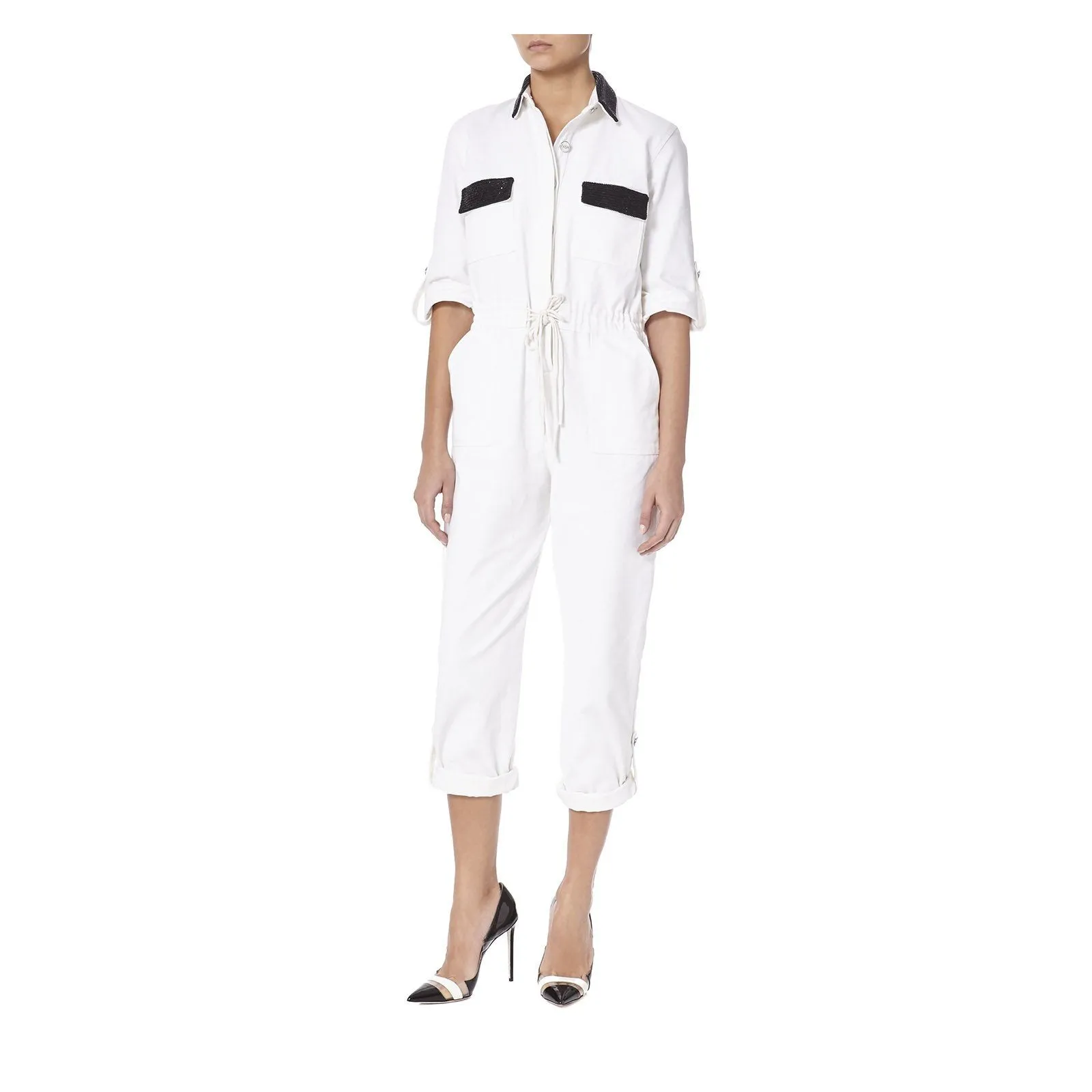 WHITE DENIM JUMPSUIT WITH BLACK BEADING