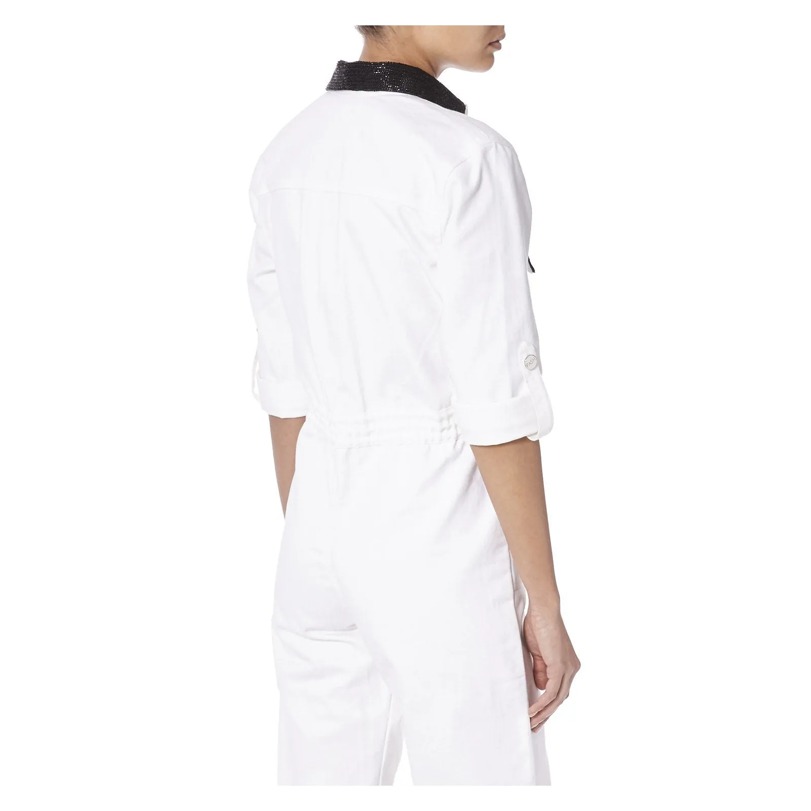 WHITE DENIM JUMPSUIT WITH BLACK BEADING