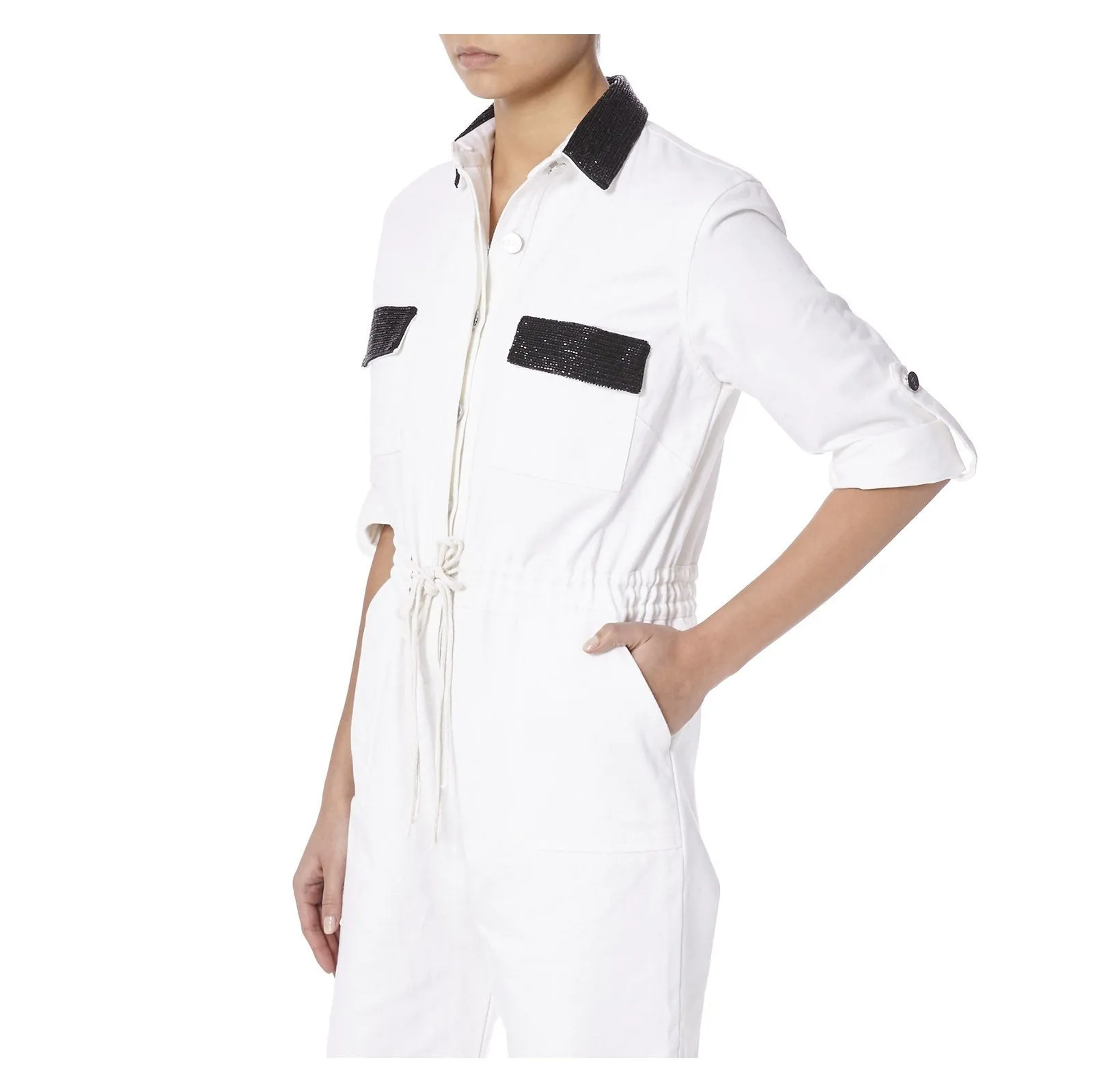 WHITE DENIM JUMPSUIT WITH BLACK BEADING