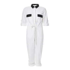 WHITE DENIM JUMPSUIT WITH BLACK BEADING