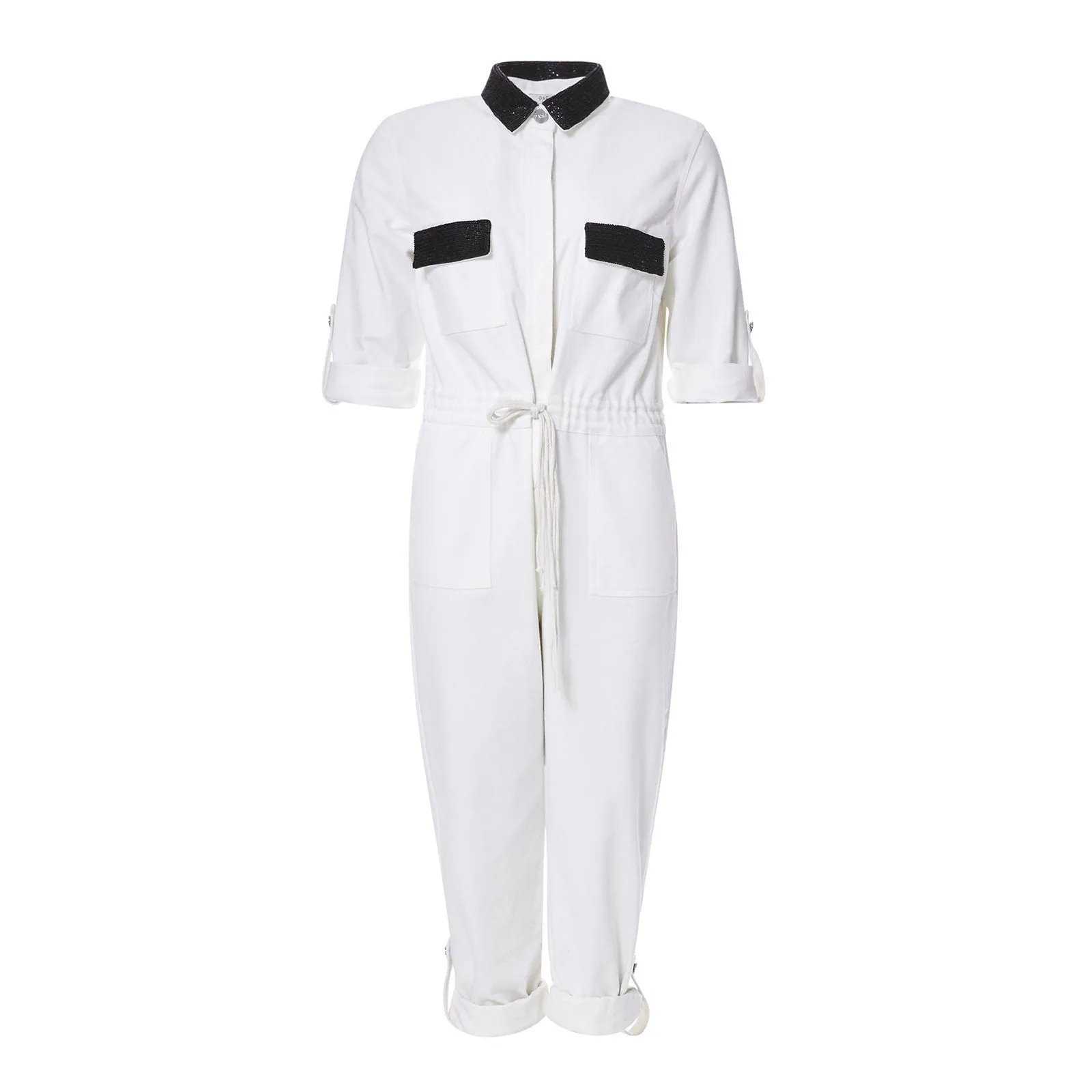 WHITE DENIM JUMPSUIT WITH BLACK BEADING