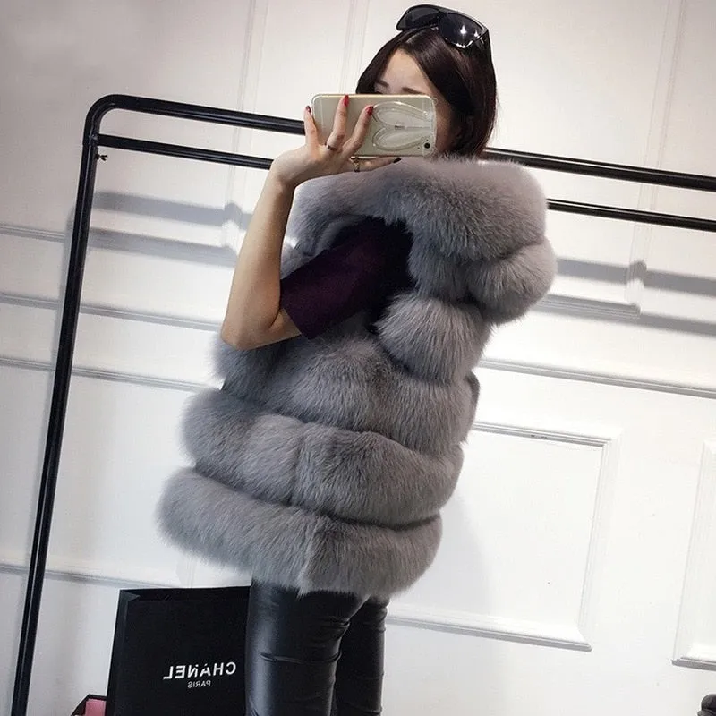 Winter Sleeveless Artificial Fox Fur Coat Gilet Faux Fur Jacket