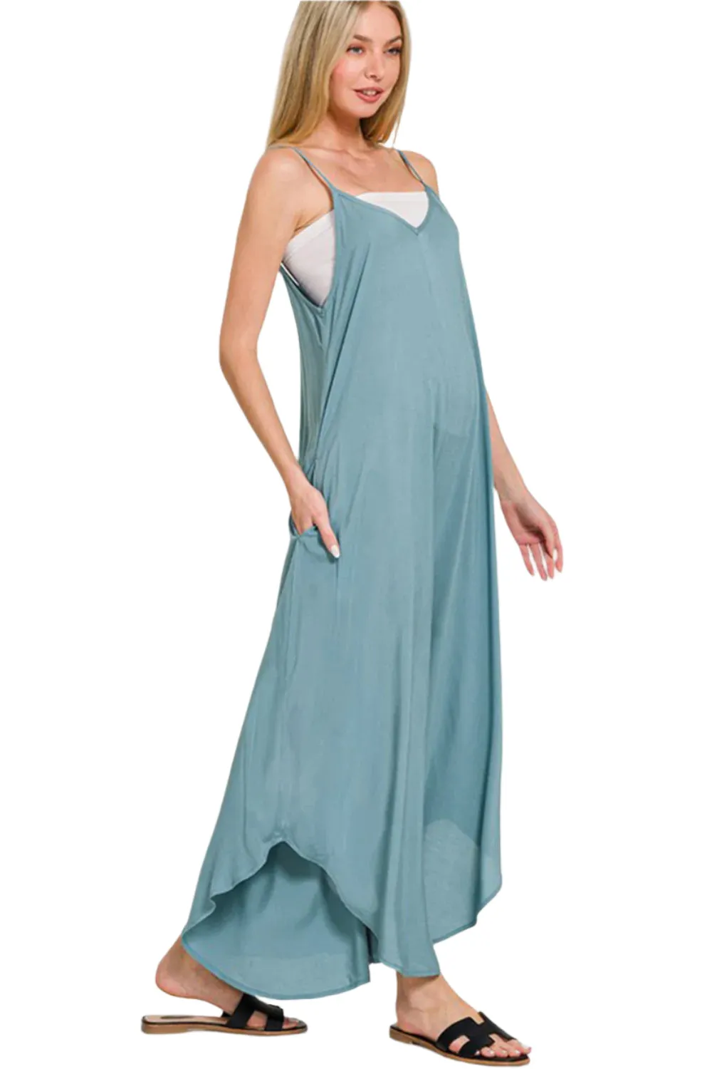 Zenana Spaghetti Strap Wide Leg Overalls with Pockets