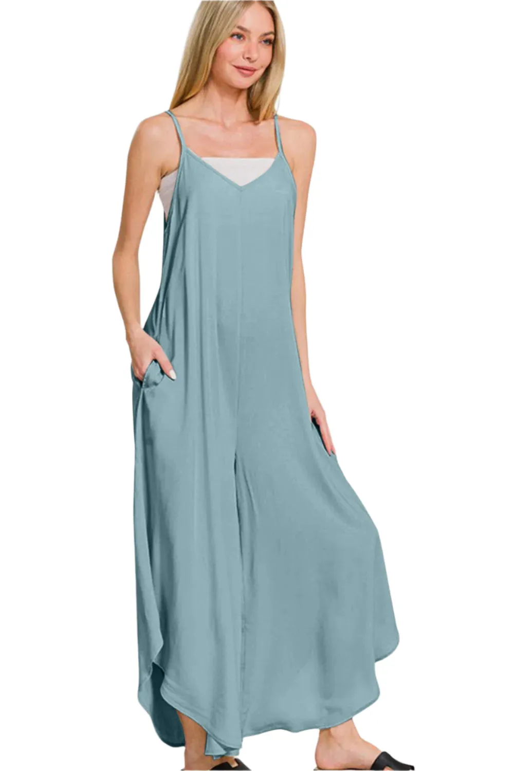 Zenana Spaghetti Strap Wide Leg Overalls with Pockets